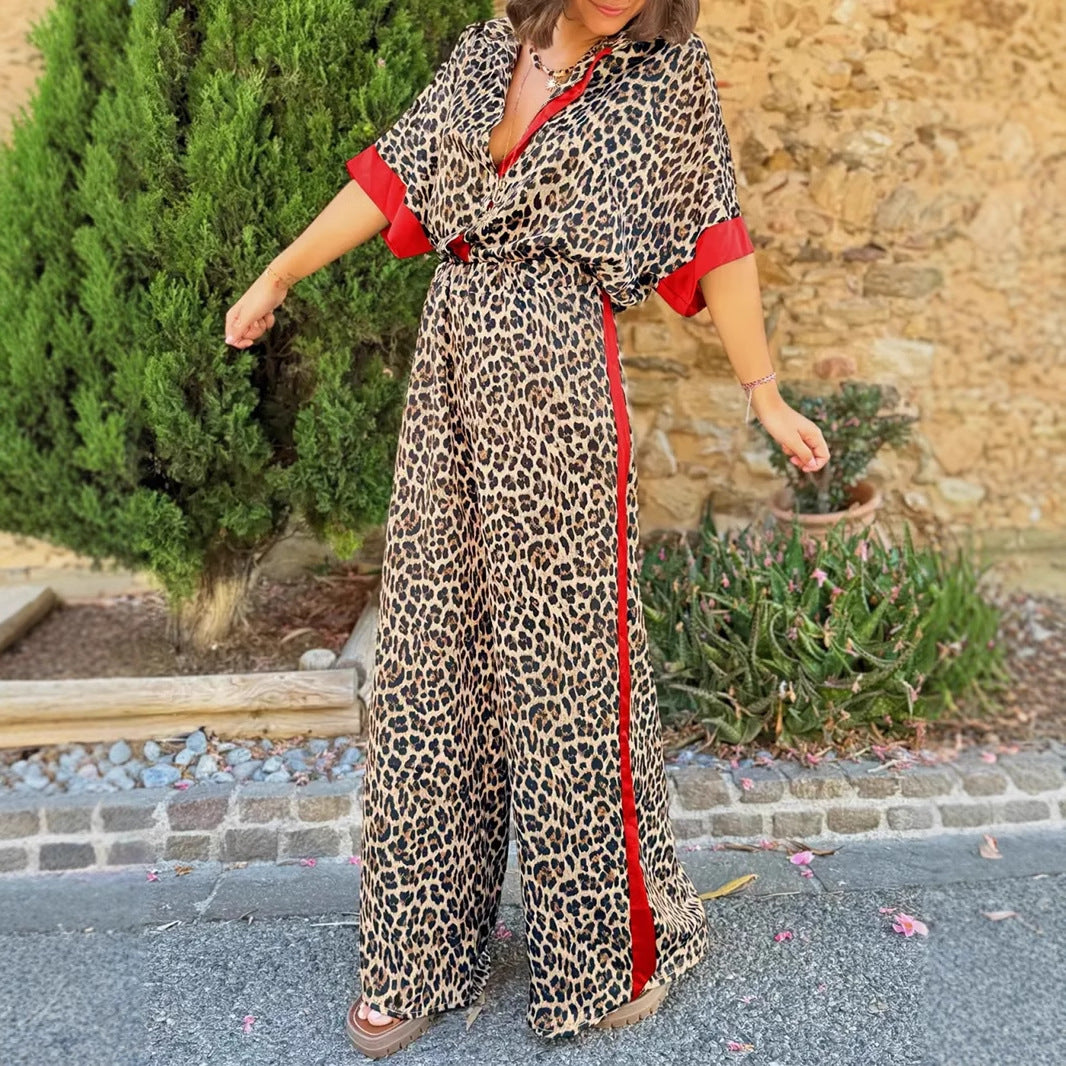 Fashion Leopard Print Half Sleeve Versatile Two-piece Set Suit