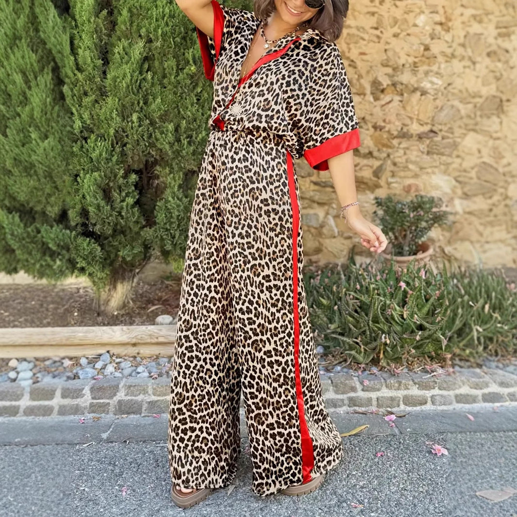 Fashion Leopard Print Half Sleeve Versatile Two-piece Set Suit