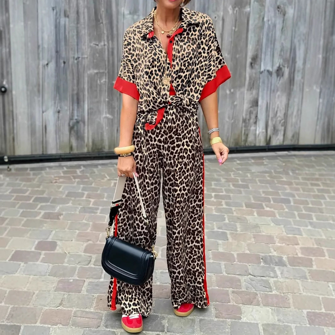 Fashion Leopard Print Half Sleeve Versatile Two-piece Set Suit