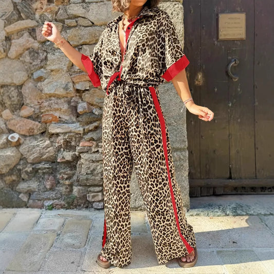 Fashion Leopard Print Half Sleeve Versatile Two-piece Set Suit