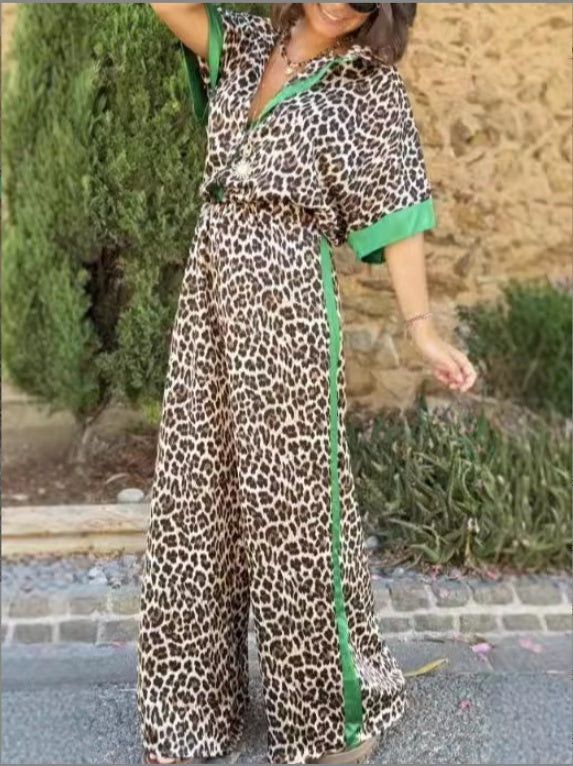Fashion Leopard Print Half Sleeve Versatile Two-piece Set Suit