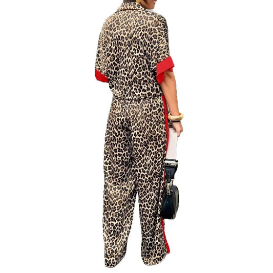 Fashion Leopard Print Half Sleeve Versatile Two-piece Set Suit